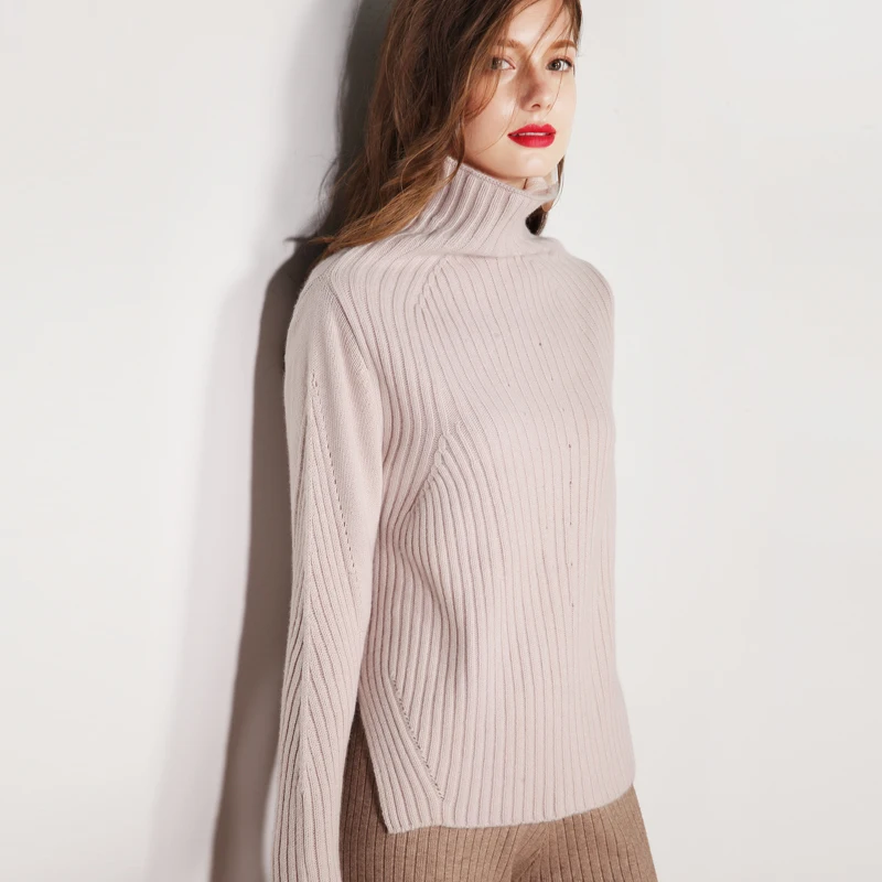 

JECH Autumn and winter new 100% pure cashmere sweater striped front and rear fork sweater pure color cashmere turtleneck sweater