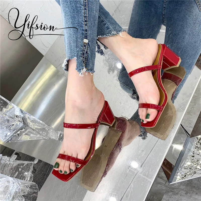 

OLOME New Black Genuine Leather Summer Shoes Woman Slippers Open Toe Thick Mid Heel Women Shoes Slippers Mules Shoes Woman
