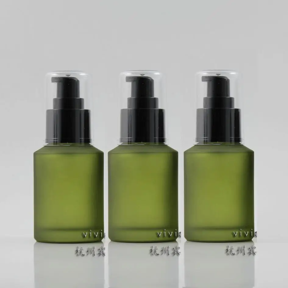 60ml olive green frosted Glass lotion bottle with black plastic lotion