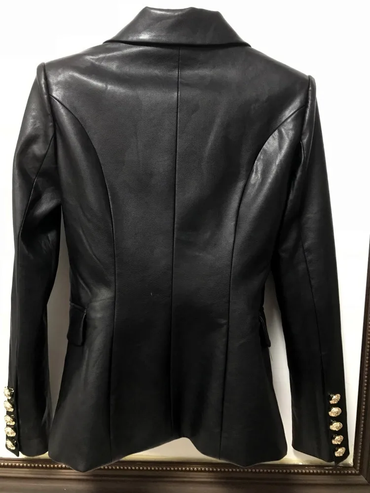 Autumn Winter Women Faux Soft lion head metal buckle double-breasted slim Leather Jackets Pu Black Blazer Zippers Coat  (8)