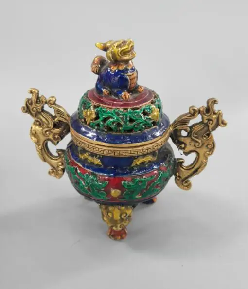 

China collectible fine workmanship the brass cloisonne double dragon ear Incense burner