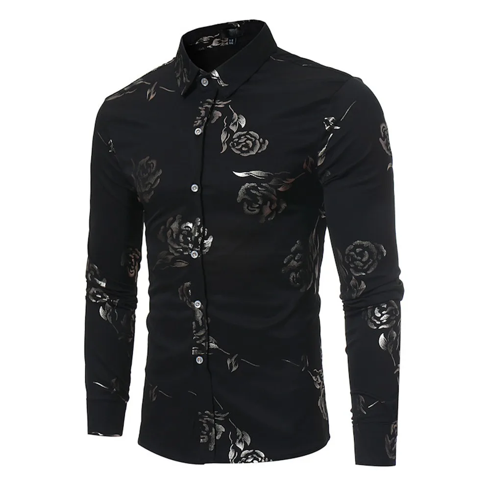 

Mens Shirts Spring Autumn Modis Tops Blouse Rose Print Long Sleeve Turn Down Collar Slim Fit Shirt With Buttons Business Blusa