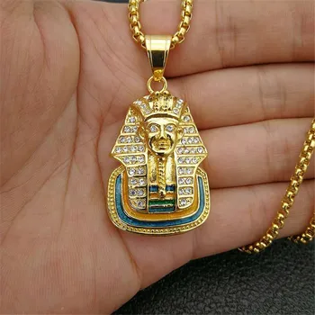 Egypt Pharaoh Tutankhamun Pendant With Stainless Steel Chain And Iced Out Bling Rhinestones Necklace Egyptian Jewelry