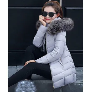 

2018 Winter Women Parka Jackets Long Sleeve Warm Outwear Hood Long Coat Solid Plus Size Wadded Jackets Faux Fur Collar Coat