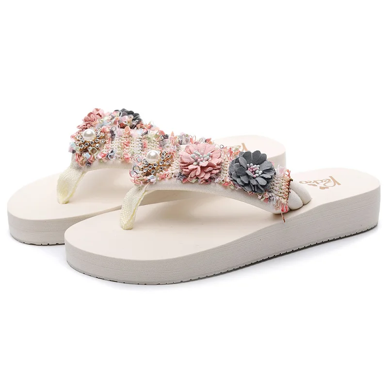 

Slippers female fashion outside thick bottom anti-skid flip-flops seaside flowers beach Shoe tide luxury shoes women designers