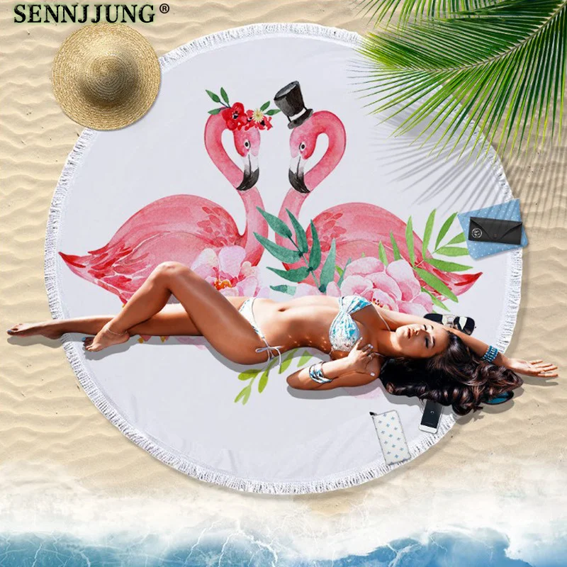 

Microfiber Flamingo For Girls Women Adults Printing Large Bath towel 150cm Round Suede Beach Towel Yoga Mat Bath towel De Plage