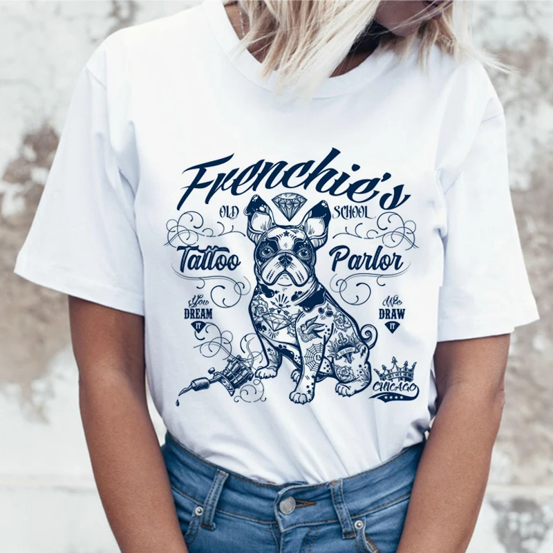

Tattoo Frenchie's Old School printing Girl Shirt summer fashion Women T Shirt novelty casual Tops hipster cool ladies Tee