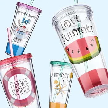 

Fashionable Double Layer Plastic Water Bottle With Straw BPA free Portable Colorful Body Spacecup with Straw 640ml SH104