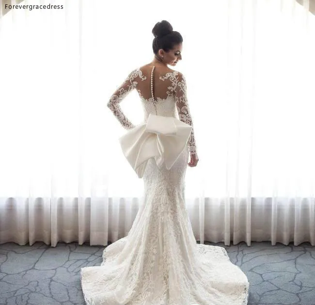 Gorgeous Long Sleeve Wedding Dress 2019 Mermaid Lace Bridal Gowns With Big Removable Skirt Bow Back BC0093  239 (3)
