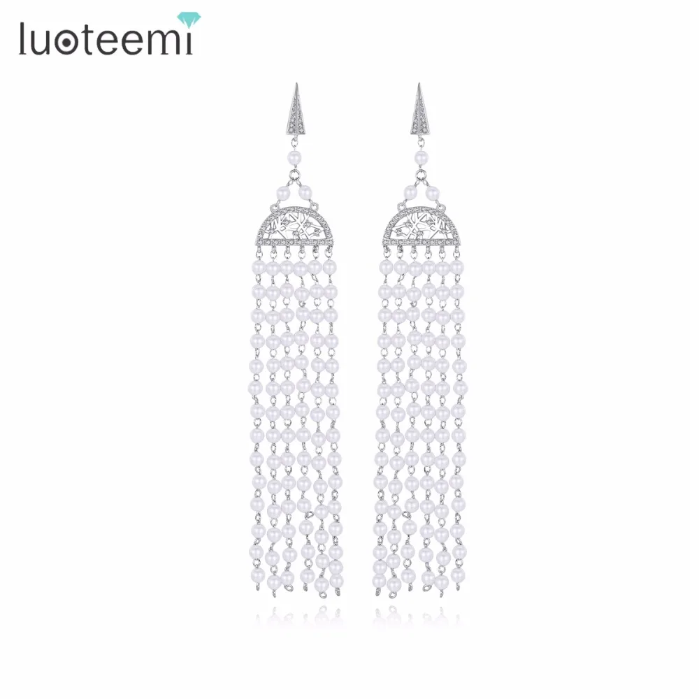 

LUOTEEMI Long Multiple Imitation Pearls Drop Earring for Women Hyperbole Girl Party Accessories Vintage Tassel Bride Accessories