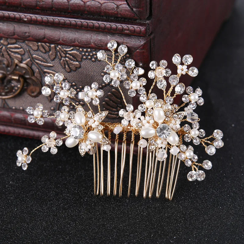 Bridal Gold Hair Combs Leaf Flower Pearl Crystal Tiaras Women Wedding
