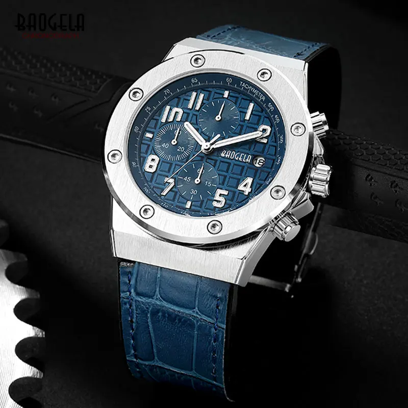 Preise BAOGELA männer Neue Quarz Uhren 2019 Wasserdichte Chronograph Casual Leucht Armbanduhr Mann Lederband Relogios 1805 Blau