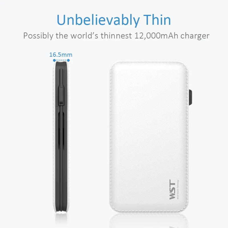 WST 12000mAh Power Bank Built-in Cable Portable Battery Charger for Android IOS Devices Li-Polymer Mobile Portable Battery Pack