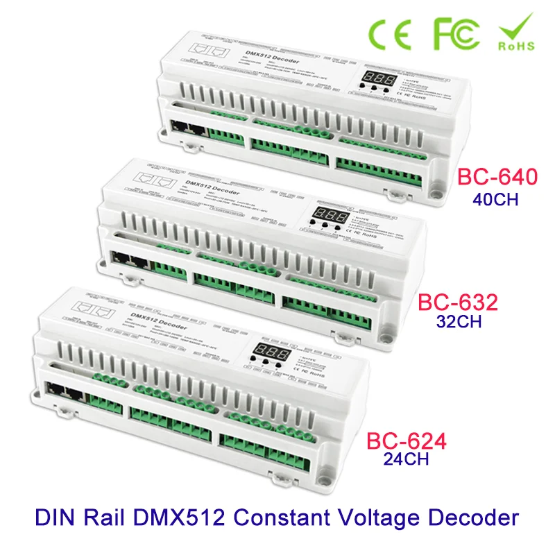 New arrival DIN Rail DMX512 Constant Voltage PWM Decoder 24CH 32CH 40CH 3 digital display shows large-scale projects Controller