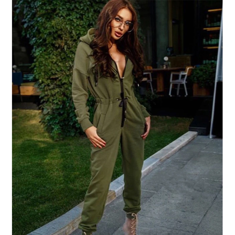 

Winter Hoodies Jumpsuit Hooded Women Zipped Up Long Sleeve Solid Sweatshirt Rompers Jumpsuit Tracksuit Hoodies Loose Outwear