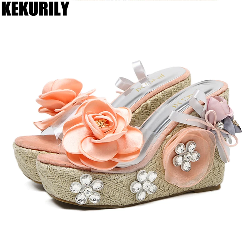 

appliques Platform Mules Woman rhinestone Wedges Slippers Fisherman Slides luxury flower heel Shoes 2019 zapatos mujer pink gray