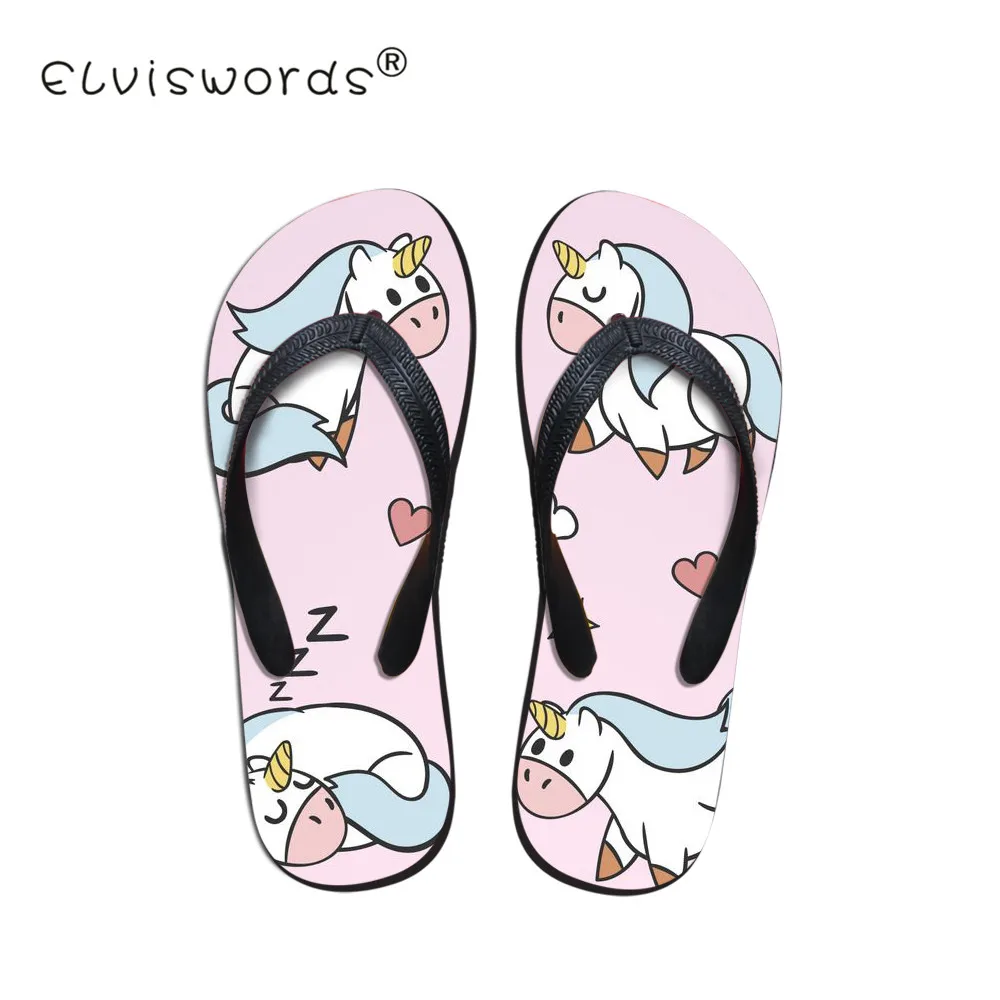 

ELVISWORD Cartoon Unicorn Printing Slippers Women Slip-on Sandals Ladies Summer Beach Flats for Girls Cute Home Flip Flops