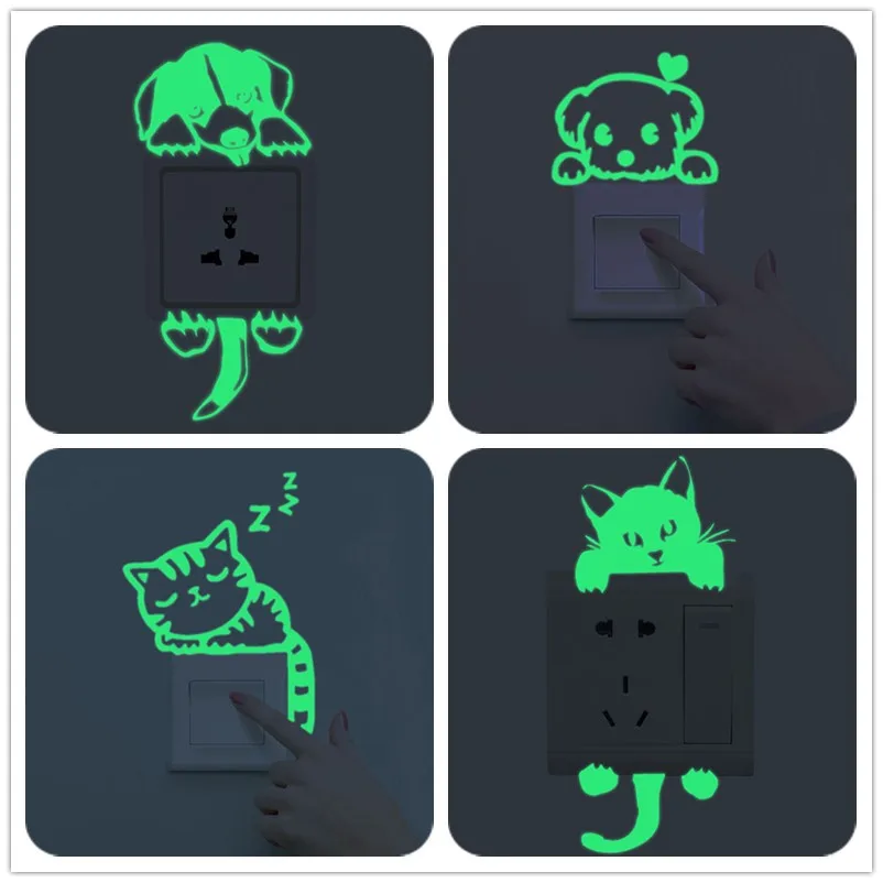 

% New Luminous Cartoon animal dog cat DIY Switch Sticker Wall Sticker Decoration Fluorescent bedroom Children Room Home Decor