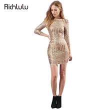Richlulu oro sexy mujeres del club del partido dress ukrain sequin cintura alta o-cuello de lápiz de la raya dress no quarter manga mini dress