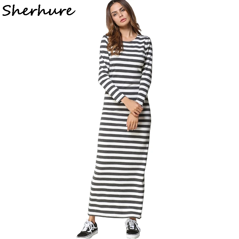 

2018 Long Sleeve Striped Women Long Dress O-Neck Vintage Women Summer Maxi Dress Casual Vestidos Oversize Women Long Dress