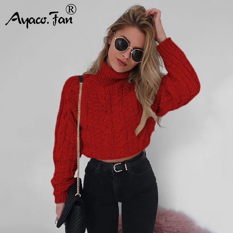 

Sexy Midriff-baring Turtleneck Short Sweaters Women 2019 Winter New Solid Full Sleeve Knitting Pullovers Autumn Lady Sweater
