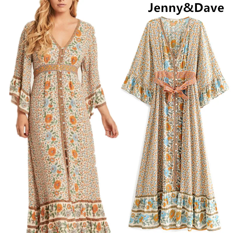 

Jenny&Dave 2019 spring summer dress women vestidos print floral bohemian v-neck vestidos de fiesta party dress 2 pieces set 0601