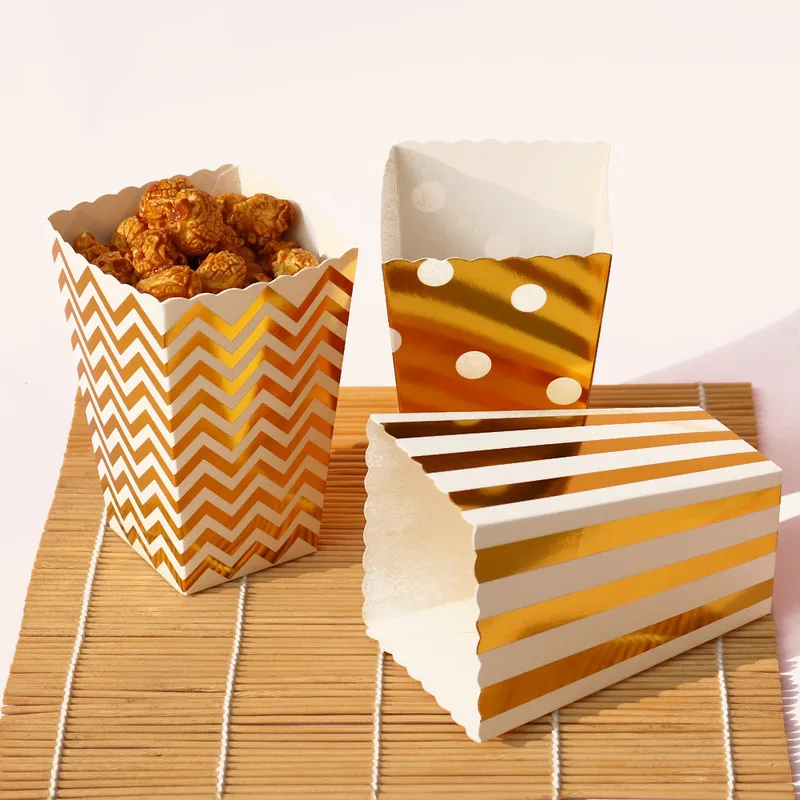 

12pcs Popcorn Paper Boxes Candy Treat Favor Bag Golden Snack Gift Pack Stripes Dots Boxes Wedding Party Birthday Decoration Bags