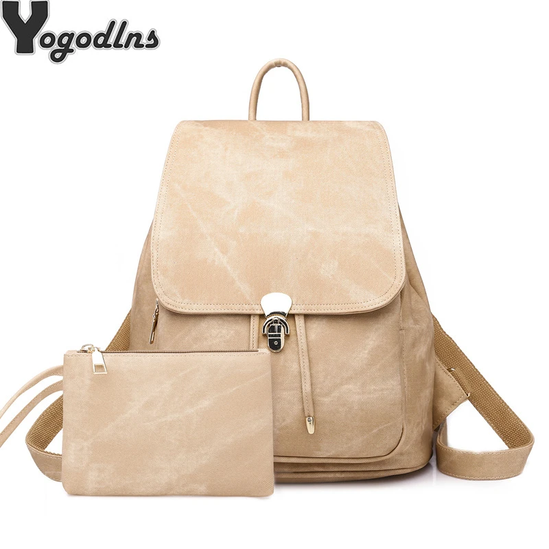 

Simple Women Backpack 2Pcs/set Travel Backpacks with Clutch Schoolbag For Teenagers Student Book PU Leather Lock Knapsack Bags