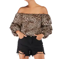 Для женщин блузки Leopard Print Cold Slash шеи плеч Нерегулярные длинный с пышными рукавами рубашка блузка Camisas Mujer # A1