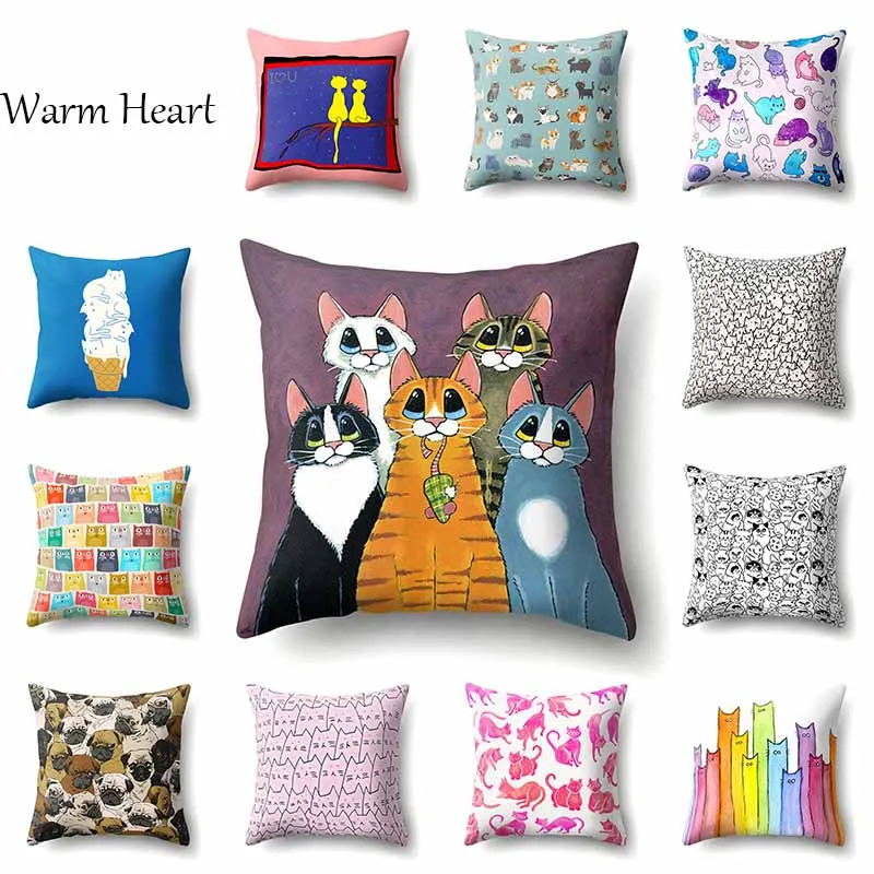 

Cat Cushion Cover Cartoon Animal Pattern Pillow Case Polyester 45*45 CM Throw Pillow Cover Decorative For Home Bedroom Office
