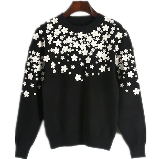 

2017 Autumn Winter New Luxury Fashion Brand Jumper Women Sweater Pullovers Flowers Beading Knit Top Jersey Runway S78