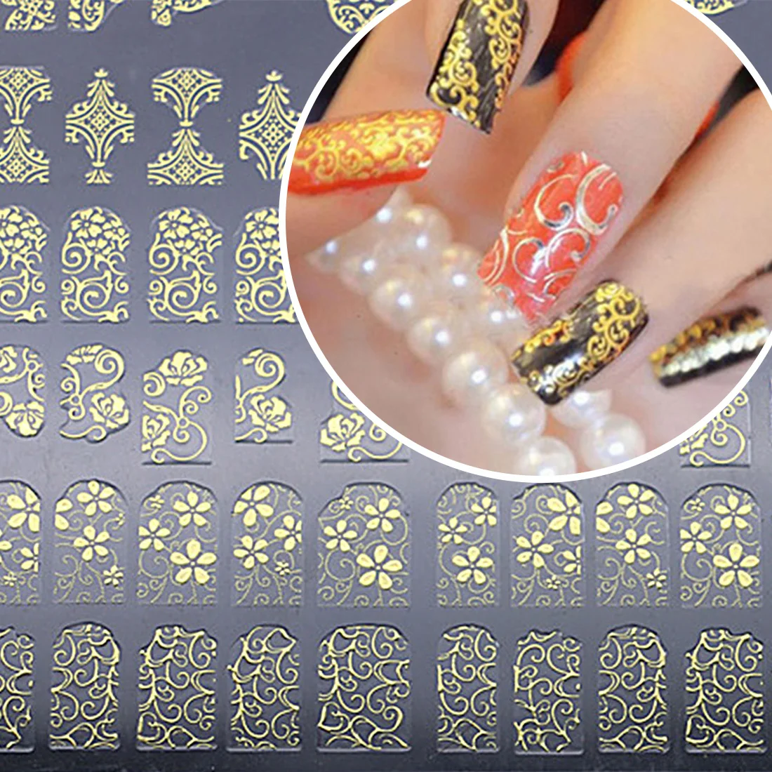 1Set Gold 3D Nail Art Stickers Decals Patch Metallic Flowers Designs