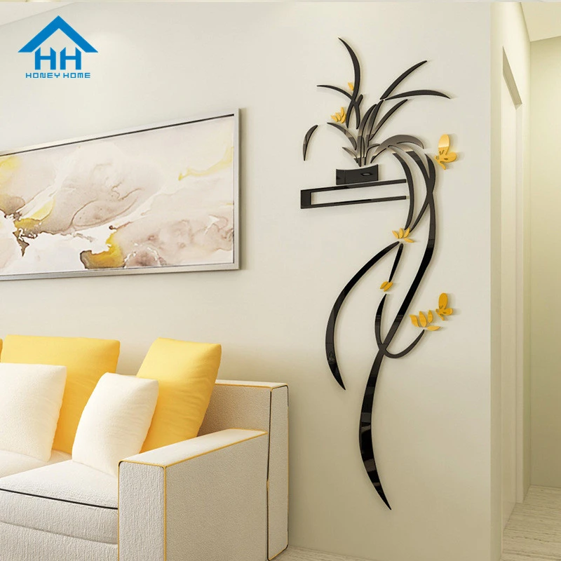 3D Acrylic Pink Orchid Flower Wall Sticker Self-adhesion Home Decor Living Room
