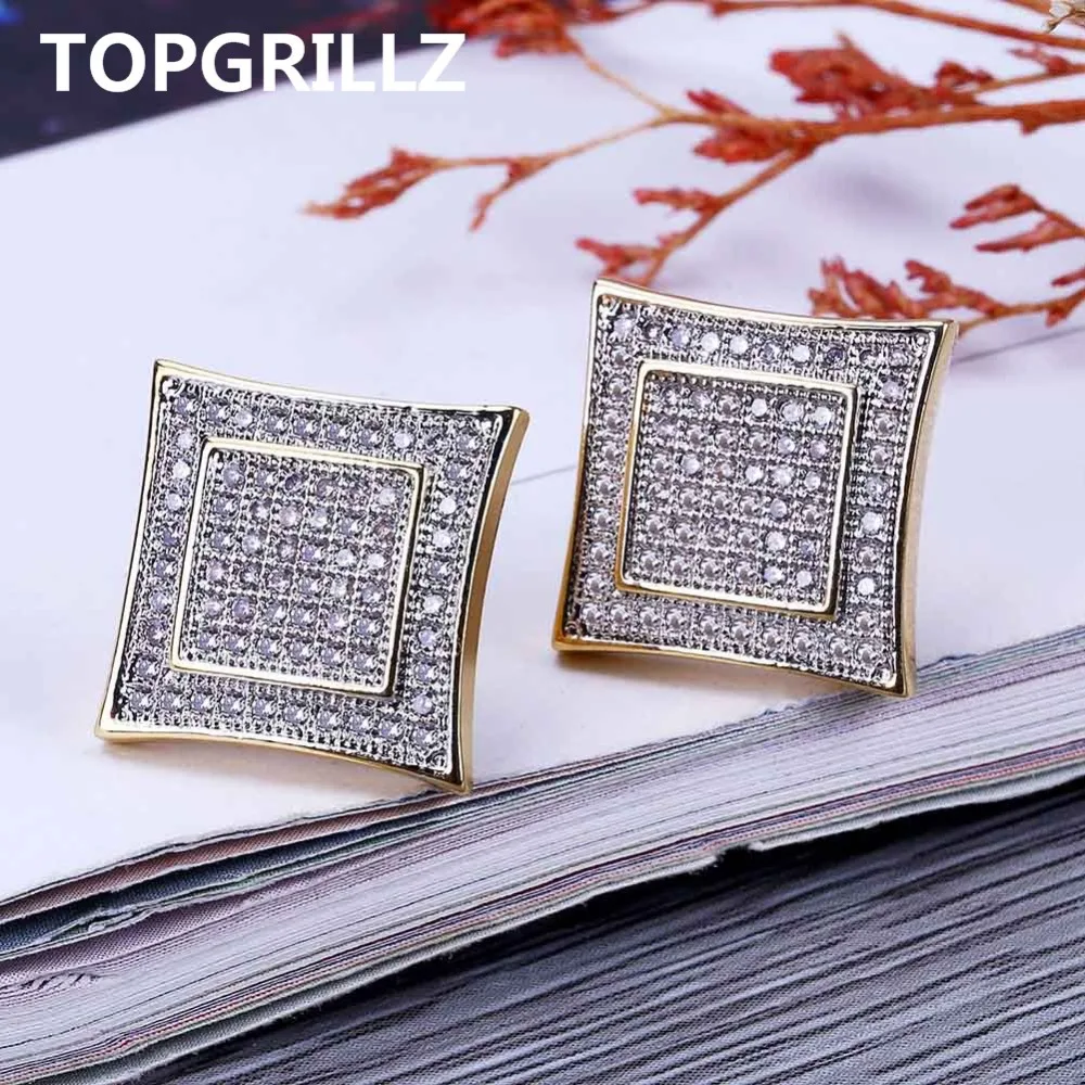 TOPGRILLZ 15 мм хип хоп мужские и женские серьги цвет медно-Золотой Iced Out Micro Pave Cubic Zircon Lab D серьги-гвоздики с закручивающаяся задняя часть