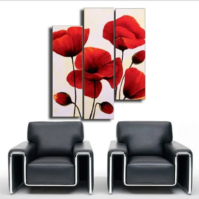 

Hand-painted Abstract Red Flower Oil Painting on Canvas Modern Handmade Acrylic Floral Paintings 3 Piece Picture Home Decor Art