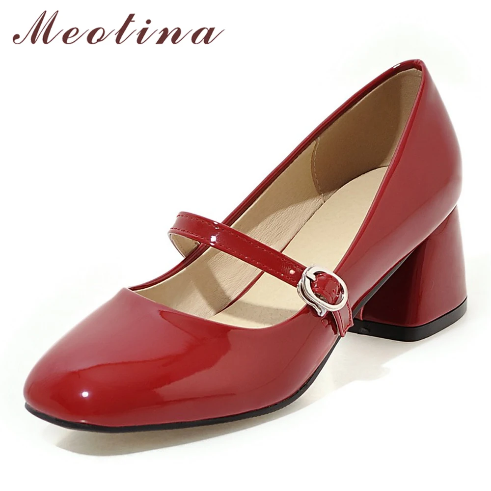 Meotina High Heels Shoes Women Mary Janes Shoes Patent Leather Med Heel ...