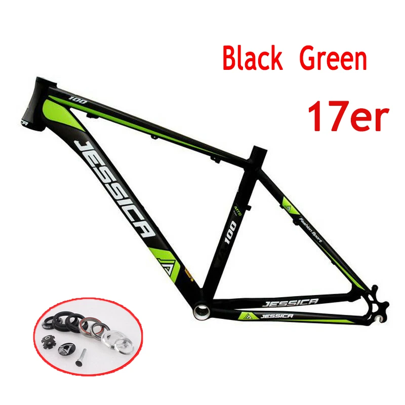 Black Green-17in Рама для горного велосипеда MTB 15," 17", алюминиевая рама для горного велосипеда, прямая оголовье, диск 44 мм, Ультралегкая гарнитура 26er, рама - Цвет: Black Green-17in