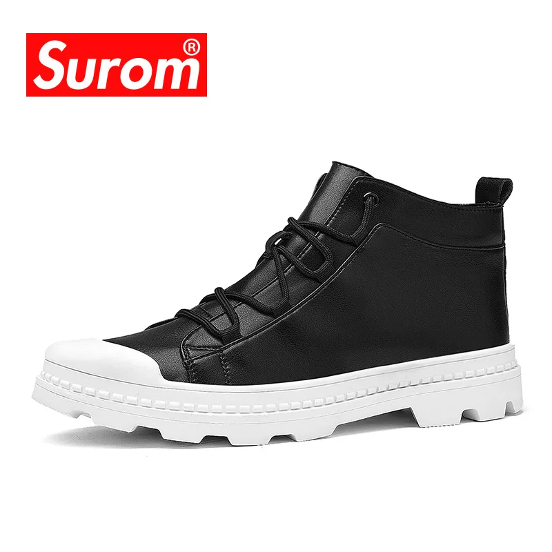 

SUROM Luxury Brand Fashion Men's Motorcycle Boots Ankle Lace Up Leather Work Martin Boots Cool Cow Boys Casual Shoes Hot sale