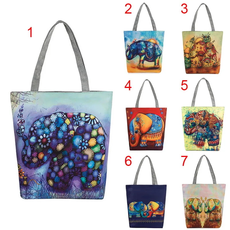 

2020 Hot Sale Women Elephant Printed Canvas Tote Casual Beach Bags Single Shoulder Bags Traveling Shopping Handbag KA-BEST