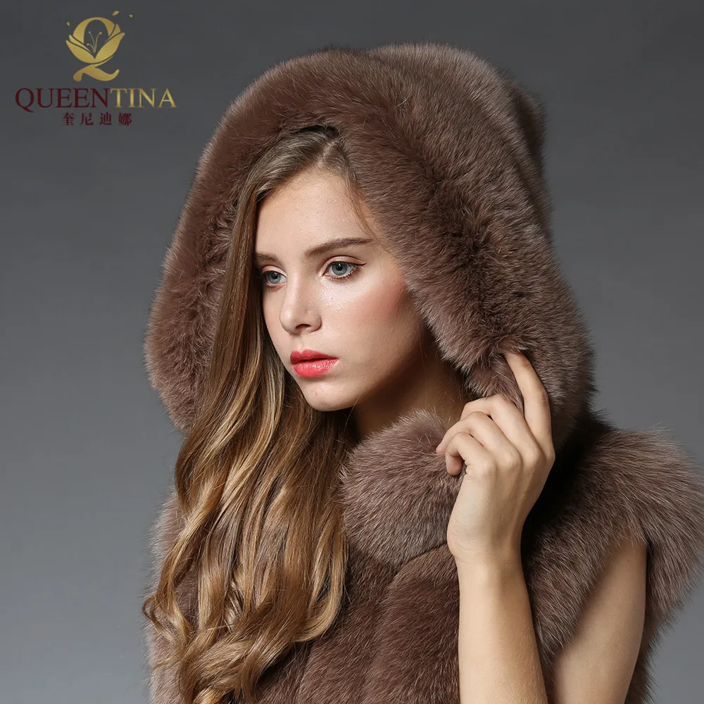 Buy Women's Real Fox Fur Vest Hoodie Jacket Thick Natural Fur Coat Female