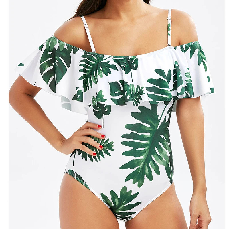 

KINGTUT Falbala One Piece Women Swimwear Ruffle Swimsuit Print Padded Strappy Bodysuit Summer Bathing Suit