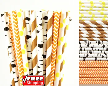 

200pcs Mixed 4 Designs Yellow,Brown,Orange,Black Themed Paper Straws-Stripe,Dot,Chevron,Birch Woodland Fall Tea Party Drinking
