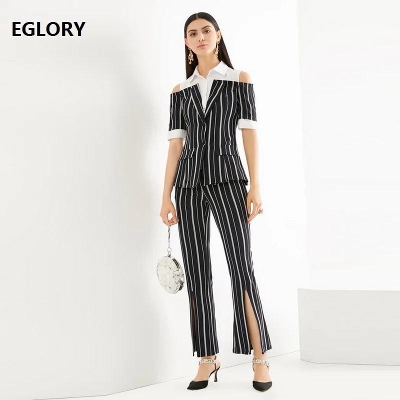 Hoge Kwaliteit Nieuwe Mode Formele Pak Kantoor Sets Vrouwen Shirt Turn-down Kraag Gestreepte Print Blouse + Split Lange Pant Set 2 Stuk Hoge Kwaliteit Nieuwe Mode Formele Pak Kantoor Sets Vrouwen Shirt Turn-down Kraag Gestreepte Print Blouse + Split Lange Pant Set 2 Stuk