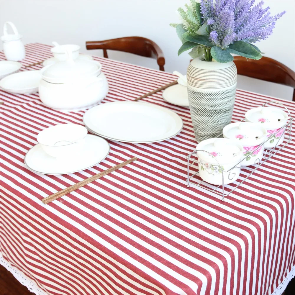 

Red Striped Tablecloth Cotton Linen Dinner Stripe Table Cloth Macrame Decoration Lacy Table Cover Classic For Gift