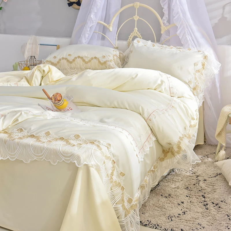 Waliicorners Super soft washed silk Bedding Set Duvet Cover Sheet/fitted sheet Pillowcase King Queen Size lace Bed Linen 21 DSC_1123
