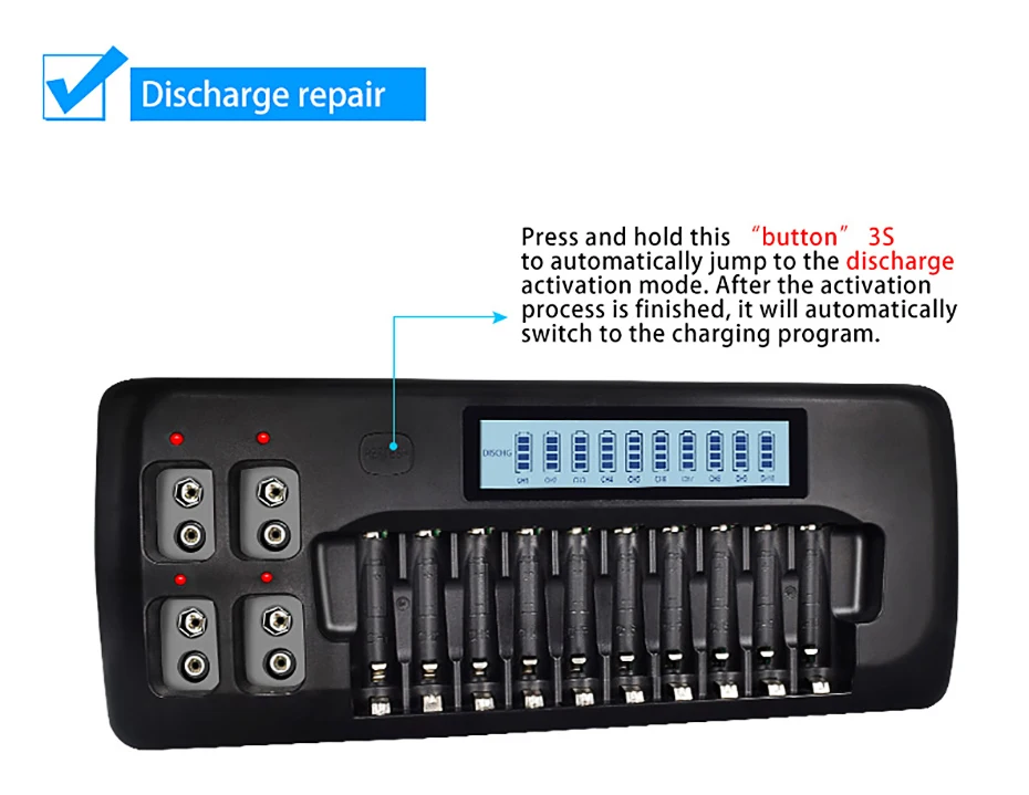 14 слотов интеллектуальное ЖК-зарядное устройство для 3,7 в батареи NICD NiMH AA AAA батарея 9 в перезаряжаемая батарея с разрядкой зарядное устройство