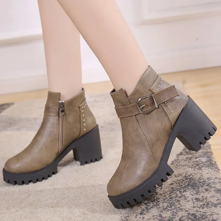 Botas mujer; модные женские ботинки на квадратном каблуке и платформе; zapatos mujer; ботфорты из искусственной кожи; мотоботы