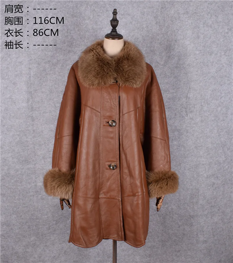 Italy women's genuine lambskin leather overcoat with real fox fur collar wool cashmere lining mommy's warm clothing brown xxxxxl