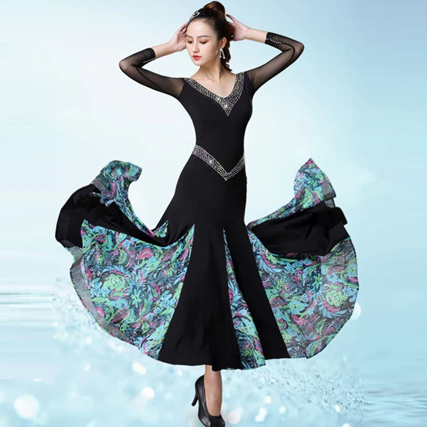 

Waltz Ballroom Competition Dress Standard Dance Performance Stage Costumes Women Fashion Rhinestones Evening Gowns Sexy V Back