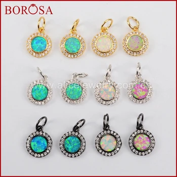 

BOROSA 10mm CZ Micro Pave Round Manmade Opal Pendant Beads,Wholesale CZ Cubic Zirconia Rainbow Opal Stone Druzy Pendant WX543